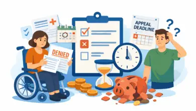 cartoon image: Disabled woman using a wheelchair looks at paperwork while another person checks deadlines, with symbols showing delays and lost money.