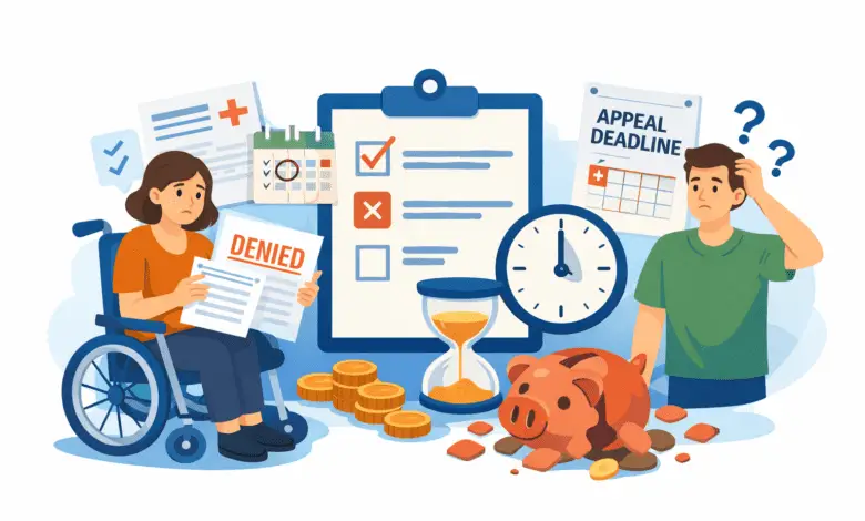 cartoon image: Disabled woman using a wheelchair looks at paperwork while another person checks deadlines, with symbols showing delays and lost money.