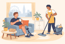 cartoon image Cleaner mops a living room while a disabled person with a prosthetic leg relaxes on a sofa in a London flat.