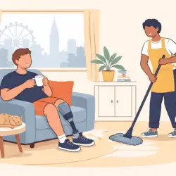 cartoon image Cleaner mops a living room while a disabled person with a prosthetic leg relaxes on a sofa in a London flat.