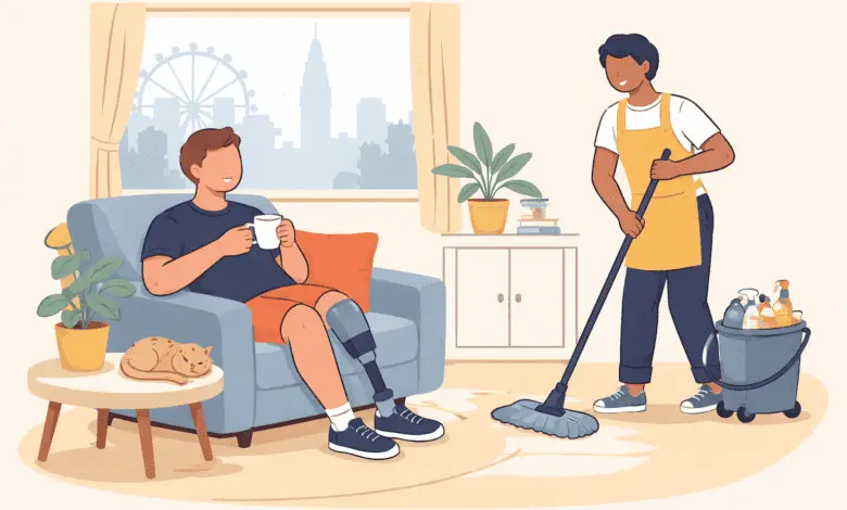 cartoon image Cleaner mops a living room while a disabled person with a prosthetic leg relaxes on a sofa in a London flat.