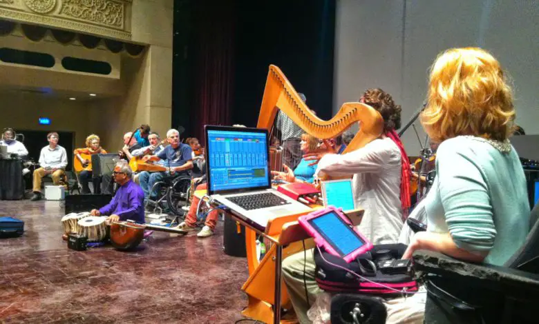Inclusive ensemble rehearsal on a theatre stage, with wheelchair users and non-disabled musicians using acoustic and digital instruments.