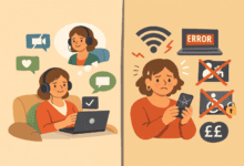 Split illustration showing online therapy helping on one side and failing on the other, highlighting access depends on design, not effort.