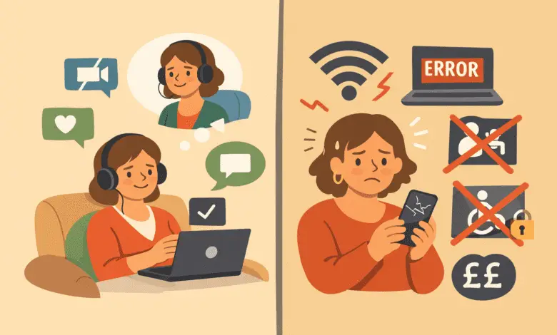 Split illustration showing online therapy helping on one side and failing on the other, highlighting access depends on design, not effort.