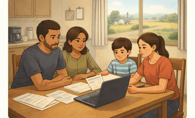 Family in a rural Nebraska kitchen sits at a table with a laptop and papers, reviewing support options as fields show through the window.