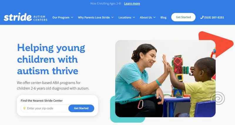 Webpage screenshot for Stride Autism Centers. Text reads: “Helping young children with autism thrive” and “Get Started.” A therapist and child high-five beside colorful blocks.