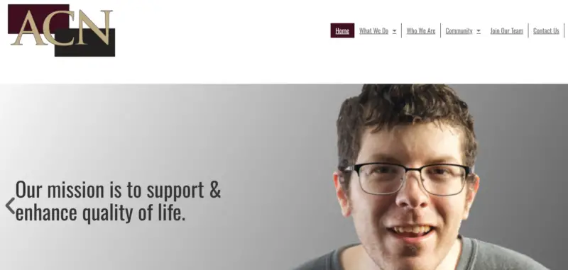 Webpage screenshot for ACN. Text reads: “Our mission is to support & enhance quality of life.” A smiling person with glasses is shown on the right.