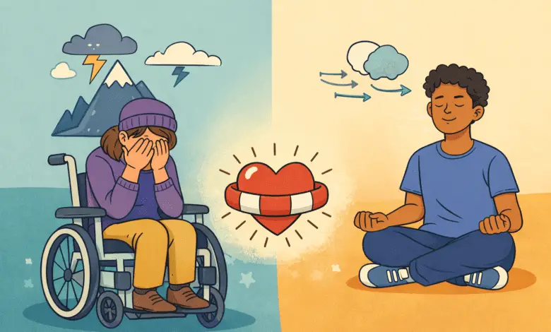 Flat illustration showing two disabled people: one sitting in a wheelchair with head lowered, and another sitting calmly cross-legged, suggesting contrast between anxiety and coping.