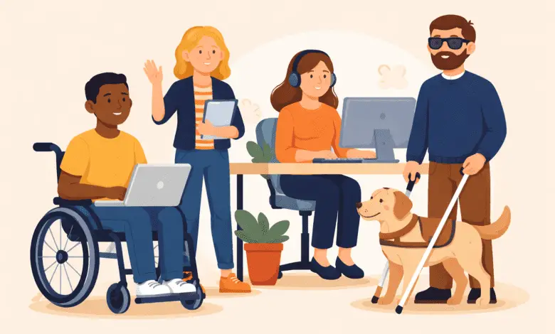 Disabled people working together in an office, including a wheelchair user, a guide dog user, and colleagues using computers.