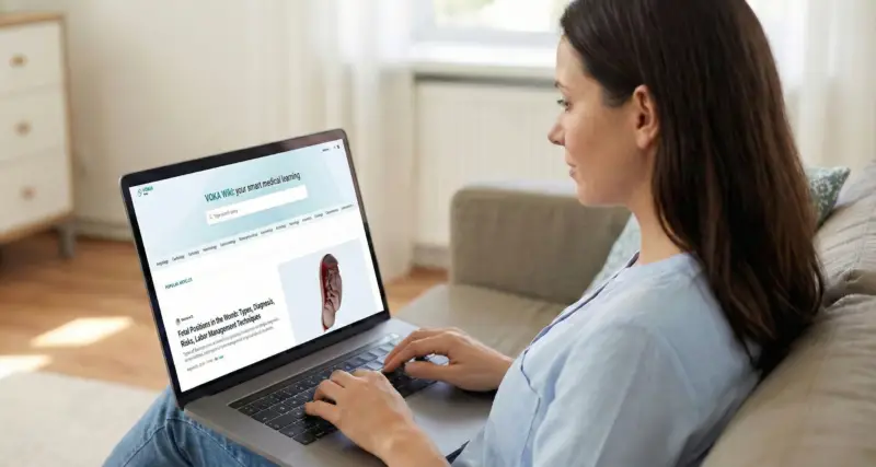 Person sits on a sofa using a laptop to read an online medical learning page with anatomical images and articles.