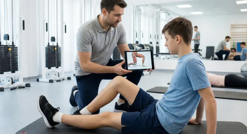 Physiotherapist shows a muscle movement diagram on a tablet to a young patient during an exercise session in a gym.