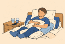 Person resting comfortably in bed, propped up with pillows and holding one on their chest, with medications, water, and a phone on a nearby nightstand.