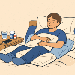 Person resting comfortably in bed, propped up with pillows and holding one on their chest, with medications, water, and a phone on a nearby nightstand.