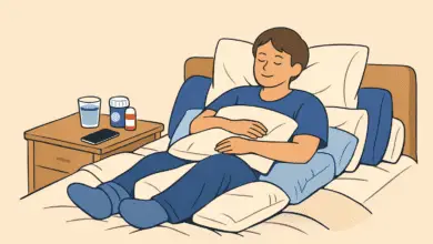 Person resting comfortably in bed, propped up with pillows and holding one on their chest, with medications, water, and a phone on a nearby nightstand.