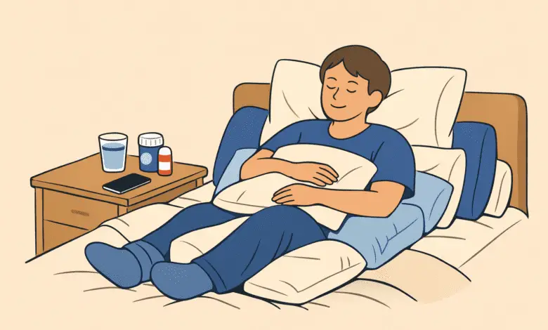 Person resting comfortably in bed, propped up with pillows and holding one on their chest, with medications, water, and a phone on a nearby nightstand.