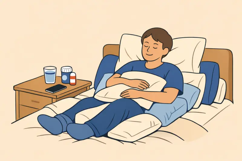 Person resting comfortably in bed, propped up with pillows and holding one on their chest, with medications, water, and a phone on a nearby nightstand.