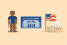 A flat-style illustration on a beige background showing a person using crutches on the left, a Social Security Disability Insurance (SSDI) card in the centre, and a US government building with an American flag on the right.