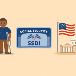A flat-style illustration on a beige background showing a person using crutches on the left, a Social Security Disability Insurance (SSDI) card in the centre, and a US government building with an American flag on the right.