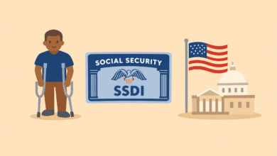 A flat-style illustration on a beige background showing a person using crutches on the left, a Social Security Disability Insurance (SSDI) card in the centre, and a US government building with an American flag on the right.