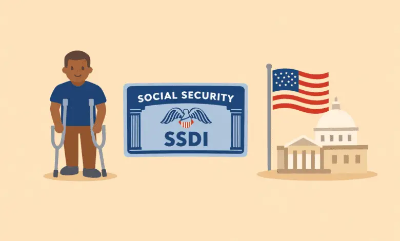 A flat-style illustration on a beige background showing a person using crutches on the left, a Social Security Disability Insurance (SSDI) card in the centre, and a US government building with an American flag on the right.