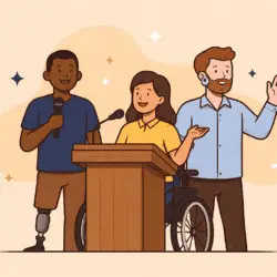 Three disabled speakers stand at a podium, including a wheelchair user, a man with a prosthetic leg, and a man with a hearing device, addressing an audience.