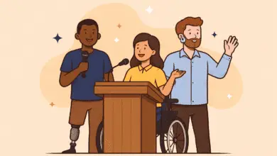 Three disabled speakers stand at a podium, including a wheelchair user, a man with a prosthetic leg, and a man with a hearing device, addressing an audience.