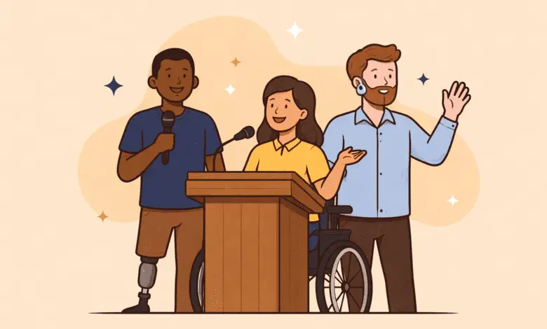 Three disabled speakers stand at a podium, including a wheelchair user, a man with a prosthetic leg, and a man with a hearing device, addressing an audience.