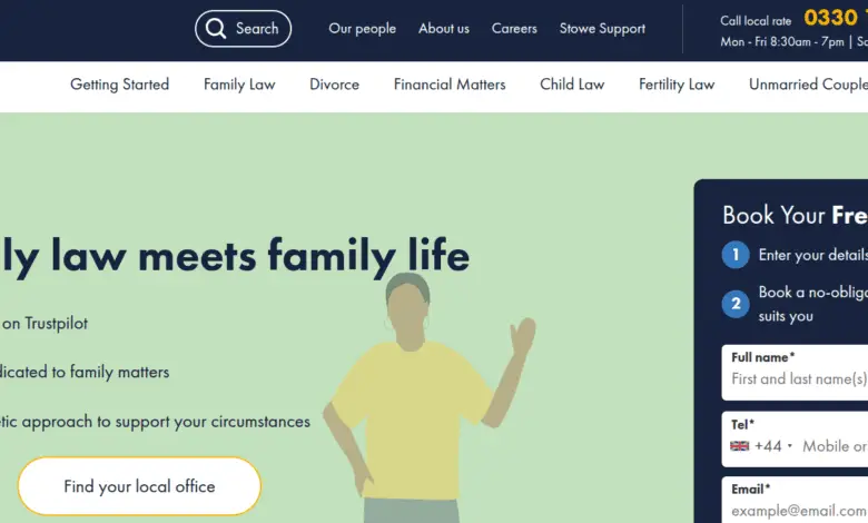 Stowe Family Law homepage: “Where family law meets family life,” phone 0330 159 9814, free callback form.