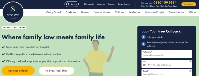 Stowe Family Law homepage: “Where family law meets family life,” phone 0330 159 9814, free callback form.