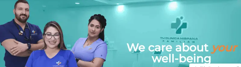 Three clinic staff in scrubs stand smiling; text reads “Tu Clínica Hispana Familiar – We care about your well-being.”