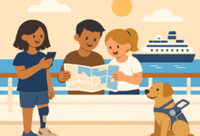 Three people review a map on a cruise deck with an assistance dog beside them and a ship in the background.