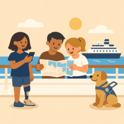 Three people review a map on a cruise deck with an assistance dog beside them and a ship in the background.