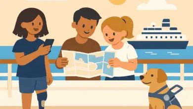 Three people review a map on a cruise deck with an assistance dog beside them and a ship in the background.