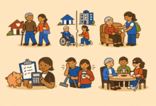 Flat-style illustrations show an older man with a cane supported by a woman at home, a wheelchair user beside house and apartment icons, a caregiver assisting a seated older adult, a piggy bank with bills and calculator, a couple managing care tasks, and older adults socialising at a table. The images highlight cost, support needs, and daily life in home care versus assisted living.