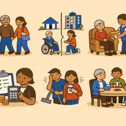 Flat-style illustrations show an older man with a cane supported by a woman at home, a wheelchair user beside house and apartment icons, a caregiver assisting a seated older adult, a piggy bank with bills and calculator, a couple managing care tasks, and older adults socialising at a table. The images highlight cost, support needs, and daily life in home care versus assisted living.