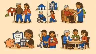 Flat-style illustrations show an older man with a cane supported by a woman at home, a wheelchair user beside house and apartment icons, a caregiver assisting a seated older adult, a piggy bank with bills and calculator, a couple managing care tasks, and older adults socialising at a table. The images highlight cost, support needs, and daily life in home care versus assisted living.