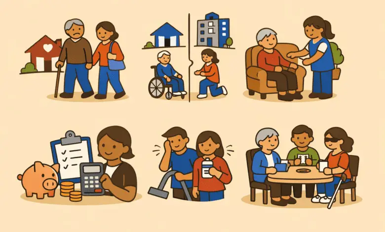 Flat-style illustrations show an older man with a cane supported by a woman at home, a wheelchair user beside house and apartment icons, a caregiver assisting a seated older adult, a piggy bank with bills and calculator, a couple managing care tasks, and older adults socialising at a table. The images highlight cost, support needs, and daily life in home care versus assisted living.