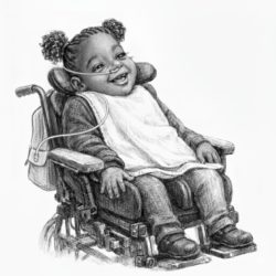 Smiling young child with braided hair sitting in a supportive wheelchair, with a visible nasal tube.