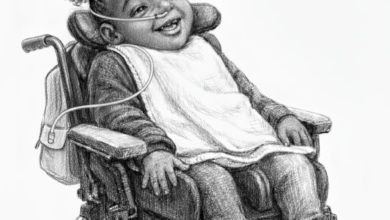 Smiling young child with braided hair sitting in a supportive wheelchair, with a visible nasal tube.