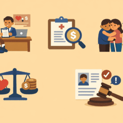 Illustrations show a disabled visa applicant at a health check, medical cost review, couple embracing, scales weighing love and money, and a visa decision with gavel.