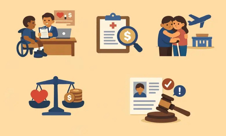 Illustrations show a disabled visa applicant at a health check, medical cost review, couple embracing, scales weighing love and money, and a visa decision with gavel.