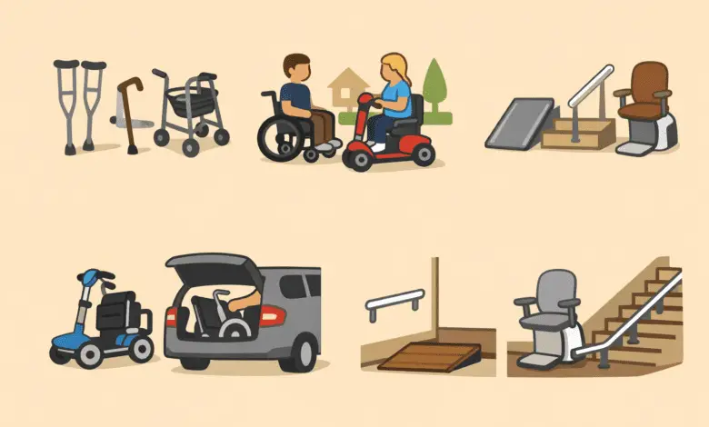 Flat cartoon illustration on a warm beige background showing a range of mobility aids. On the left are crutches, a walking stick and a rollator. In the centre, two people talk—one using a wheelchair and the other on a mobility scooter. On the right are a small ramp with handrail and a stairlift on stairs. Along the bottom, a folded mobility scooter beside an open car boot, a threshold ramp with grab rail, and another stairlift—representing different indoor and outdoor mobility solutions.