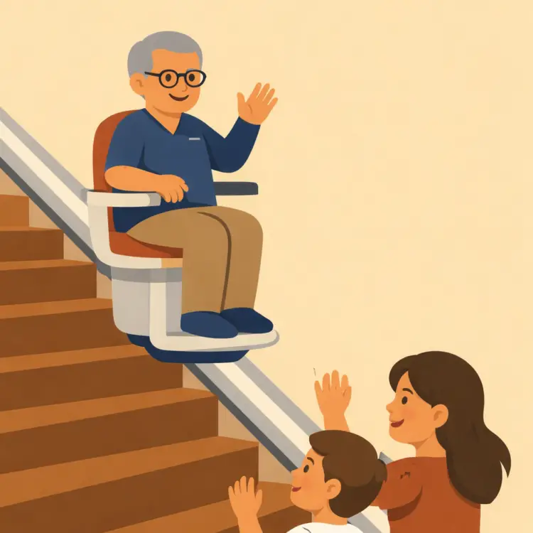 Man using a stairlift waves to a woman and child on the stairs, showing how a stairlift supports family connection, not just mobility.