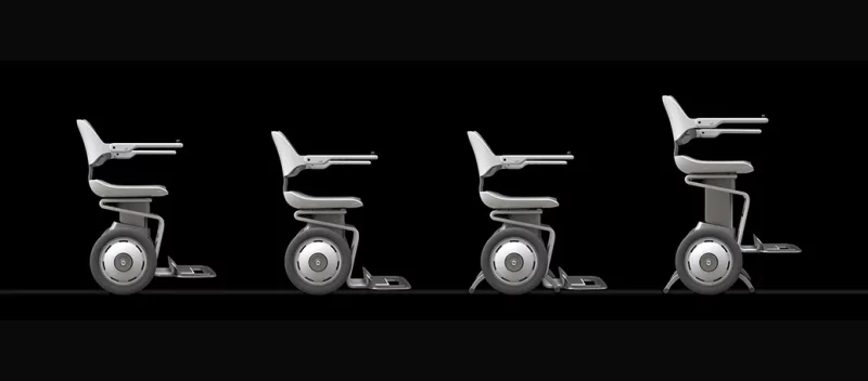 Four views of a self-balancing two-wheel mobility device adjusting from seated to raised standing height.