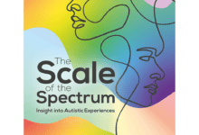 Book cover titled The Scale of the Spectrum: Insight into Autistic Experiences by Joanna Grace, featuring colourful abstract shapes and line-drawn faces.