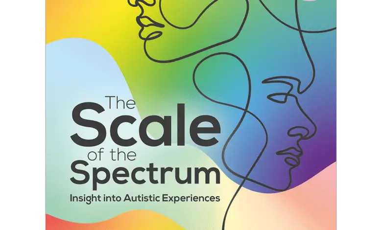 Book cover titled The Scale of the Spectrum: Insight into Autistic Experiences by Joanna Grace, featuring colourful abstract shapes and line-drawn faces.