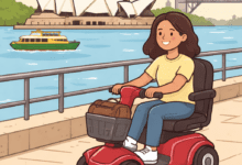 cartoon image person travelling along Sydney Harbour waterfront using a mobility scooter.