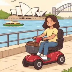 cartoon image person travelling along Sydney Harbour waterfront using a mobility scooter.