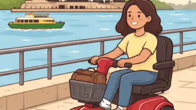 cartoon image person travelling along Sydney Harbour waterfront using a mobility scooter.