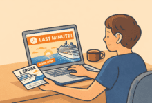 Person booking a last-minute cruise on a laptop showing “Last Minute” cruise deal.